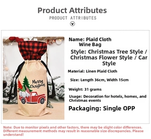 Detailed view of burlap Christmas wine bag with plaid truck pattern and 36cm x 15cm size info