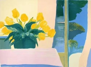 Expressionist oil painting of yellow tulips in a blue vase by a sunny window scene