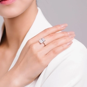 Elegant S925 sterling silver ring with large emerald cut cubic zirconia on hand