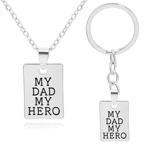 Silver 'MY DAD MY HERO' engraved necklace and keychain set for Father's Day gift