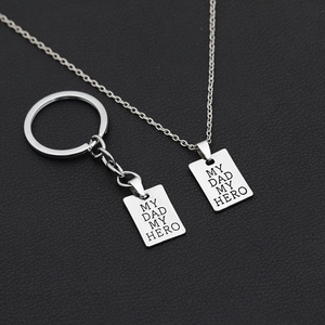 Father's Day Gift My Dad My Hero Silver Alloy Pendant Necklace And Keychain Set Engraved Geometric Jewelry For Men Dad