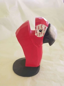 Hand-carved wooden red parrot eyewear stand holder on black base for desktop