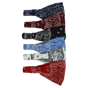 Detailed set of six paisley print elastic headbands in navy, red, black, blue, and white