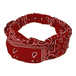 Detail of red bohemian paisley headband featuring flexible elastic band and soft fabric