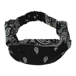 Detailed view of black paisley elastic headband with bohemian cashew flower pattern