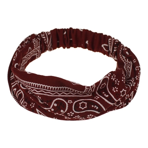 Detail view of a maroon Bohemian paisley headband featuring an elastic band for women