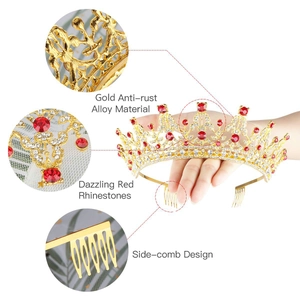 Detail view of gold alloy wedding crown with dazzling red rhinestones and side-comb
