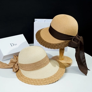 Women Wide Brim Straw Sun Hat Elegant Bow Ribbon Summer Beach Travel Paper Straw Breathable Elegant