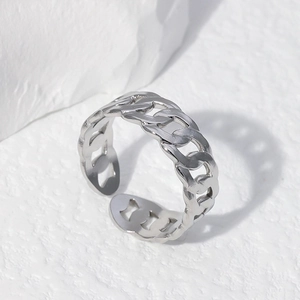 Polished silver stainless steel Cuban link open ring with adjustable minimalist chain design