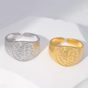 Religious cross open ring in gold and silver finish with embossed Saint Benedict medal