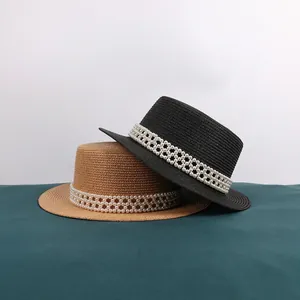 Eleganter Damen Strohhut Mit Künstliche Perlenband Flacher Hut Sommer Sonnenschutz Strand Urlaub Accessoire