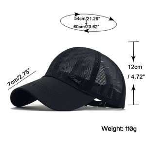 Détail de casquette de baseball en mesh avec tissu respirant, broderie Sport et mesures