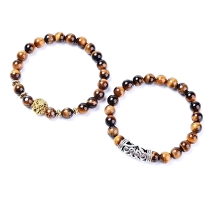 Tiger eye beaded bracelets with golden lion head charm and engraved silver cylinder
