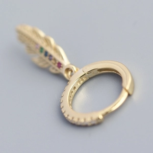 French style S925 silver golden feather earrings with colorful zircon and 925 hallmarks