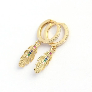 Elegant S925 silver gold-plated feather earrings featuring vibrant rainbow zircons