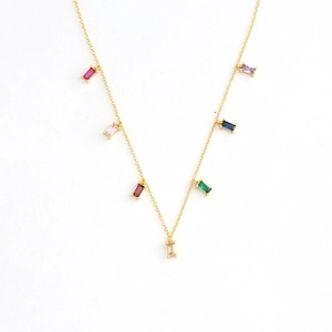 Minimalist S925 silver necklace with multi-colored rectangular zircon pendants for women