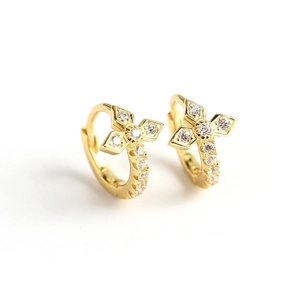 S925 sterling silver gold-plated hoop earrings with sparkling cross pendant charms