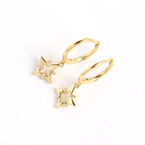S925 sterling silver gold star earrings with sparkling cubic zirconia on white background