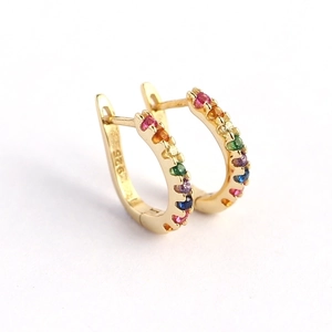 S925 silver U-shape hoop earrings with colorful rainbow zircons in a gold finish