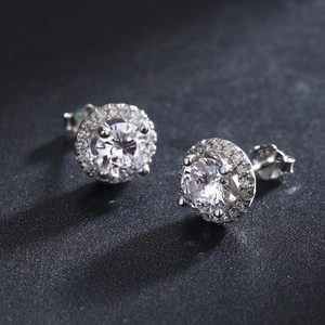S925 sterling silver round halo stud earrings with micro-pave cubic zirconia stones