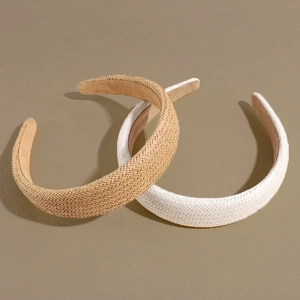Handmade woven wide headbands for women in beige and white fabric with textured design