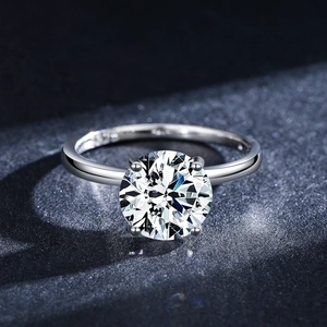 Classic S925 sterling silver four-claw crown ring with round cubic zirconia on blue background