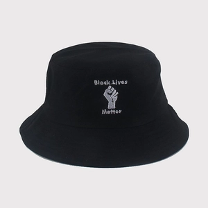 Cotton bucket hat in black with Black Lives Matter embroidery and fist symbol detail