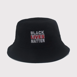 Detailed view of Black Lives Matter embroidery on a high-quality black cotton bucket hat