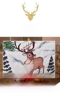 Detail of Christmas chair cover showing hand-drawn reindeer and pine forest pattern
