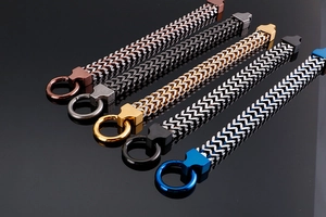 Detailed display of five colorful stainless steel dragon bone bracelets with spring clasps