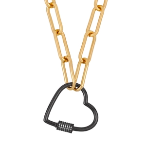 Collana choker punk dorata con catena a graffetta e ciondolo a cuore nero con brillantini