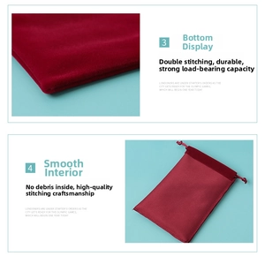 Detail showing the double-stitched reinforced bottom of the burgundy velvet drawstring pouch