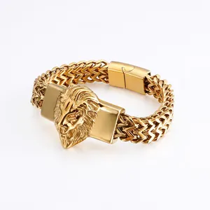 Men's gold stainless steel bracelet featuring a vintage lion head charm and woven chain