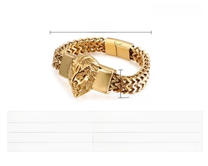 Detail view of gold lion head stainless steel braided bracelet with 220mm length specs