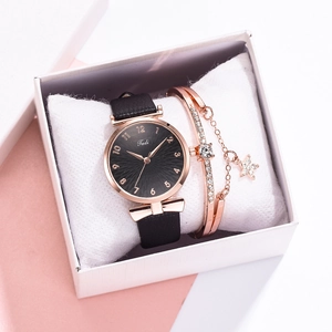 Coffret montre femme bracelet en cuir noir et bracelet étoile en or rose avec diamants