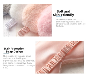 Close-up of soft faux rabbit fur sleep mask with silky satin elastic headband details