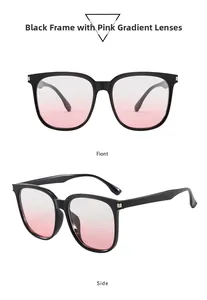 Dettaglio occhiali da sole grandi con lenti rosa sfumate e inserti metallici dorati