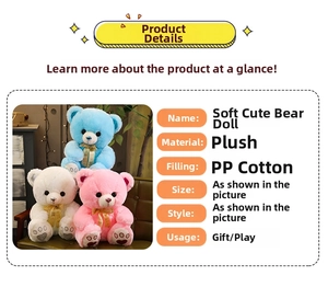 Detailed view of plush teddy bear specifications with blue, white and pink toy options