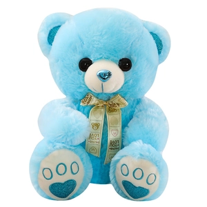 Cute blue teddy bear plush toy with gold I Love You ribbon and glitter heart accents
