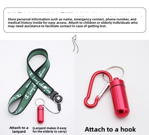 Mini red aluminum pill capsule with carabiner and green lanyard for emergency use