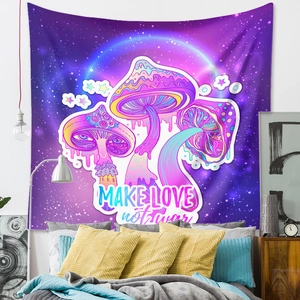 Bedroom wall decor featuring colorful mushroom tapestry with Make Love Not War text