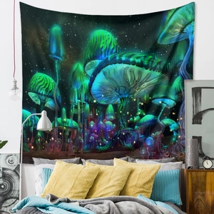 Detail of psychedelic mushroom tapestry with glowing green and blue tones as bedroom decor