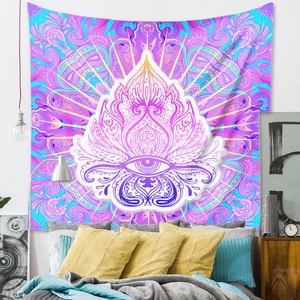 Detailed Bohemian mushroom tapestry with purple mandala eye pattern on bedroom wall