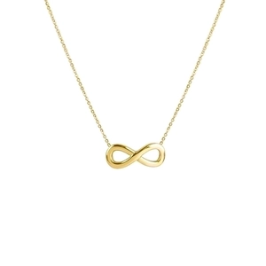 Collar con símbolo de infinito dorado pulido para mujer con cadena fina sobre fondo blanco
