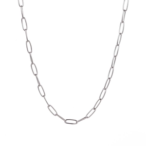 Detail of silver stainless steel paperclip chain necklace on white background