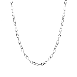 Detailed close-up of a silver stainless steel paperclip chain with polished rectangular links