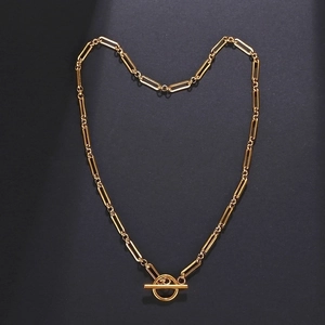 Minimalist gold stainless steel paperclip link chain necklace with a front toggle clasp