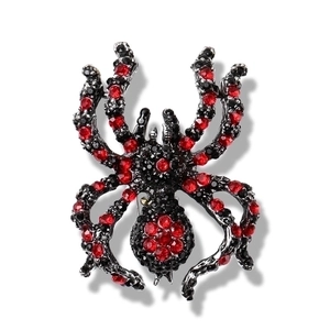 Exaggerated gothic spider brooch with sparkling red and black rhinestones for Halloween