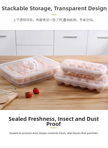 Macro shot of stackable transparent egg storage box with handle and airtight lid