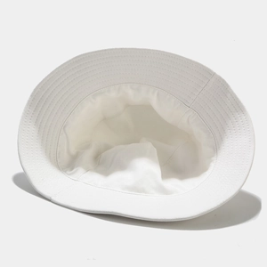 Minimalist white bucket hat for men and women with reinforced brim stitching details